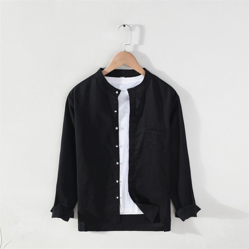 Cotton Linen Stand Collar Long Sleeve Shirt