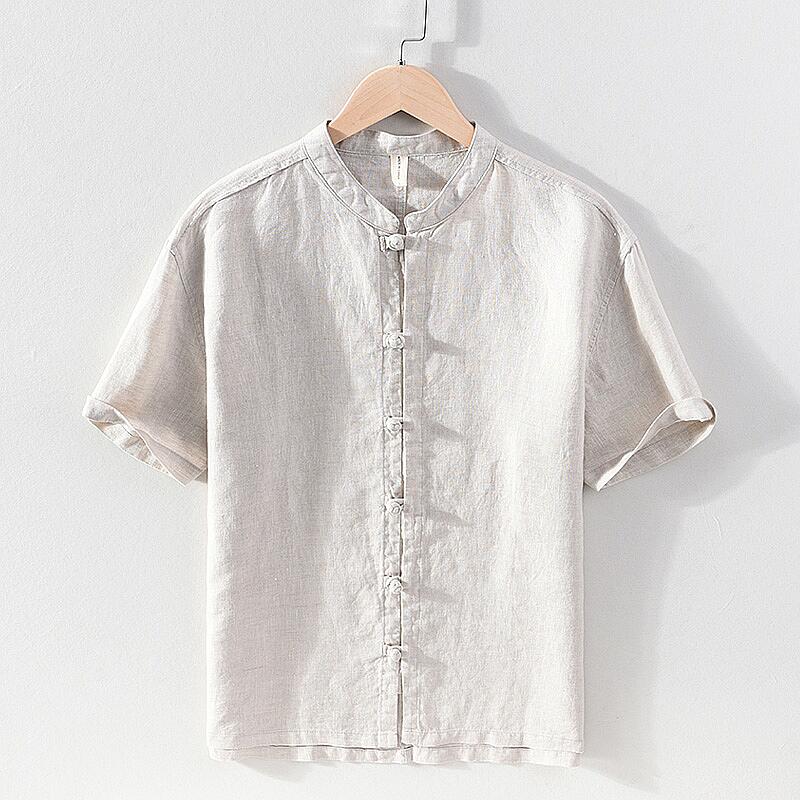 Vintage Linen Button-up Shirt - Stand Collar, Casual, 3/4 Sleeve