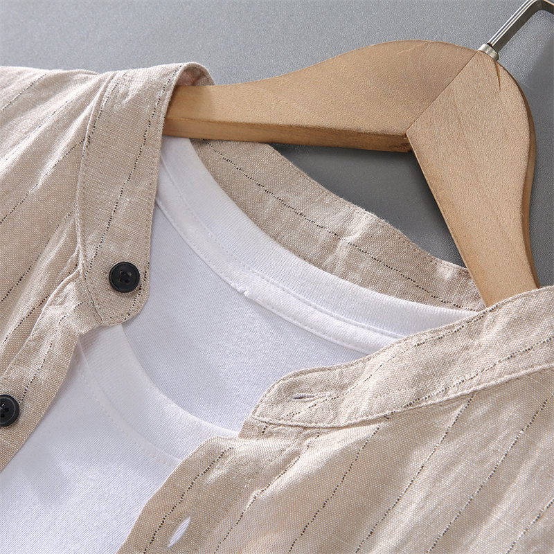 Stand Collar Cotton Linen Striped Long-Sleeved Shirt