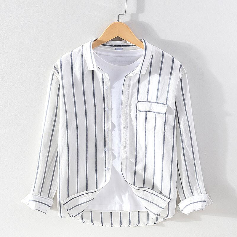 Striped Linen Long Sleeve Shirt - Casual Slim Fit