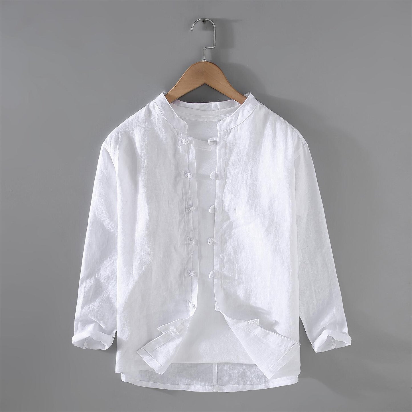 Relaxed Fit Stand Collar Linen Long Sleeve Shirt